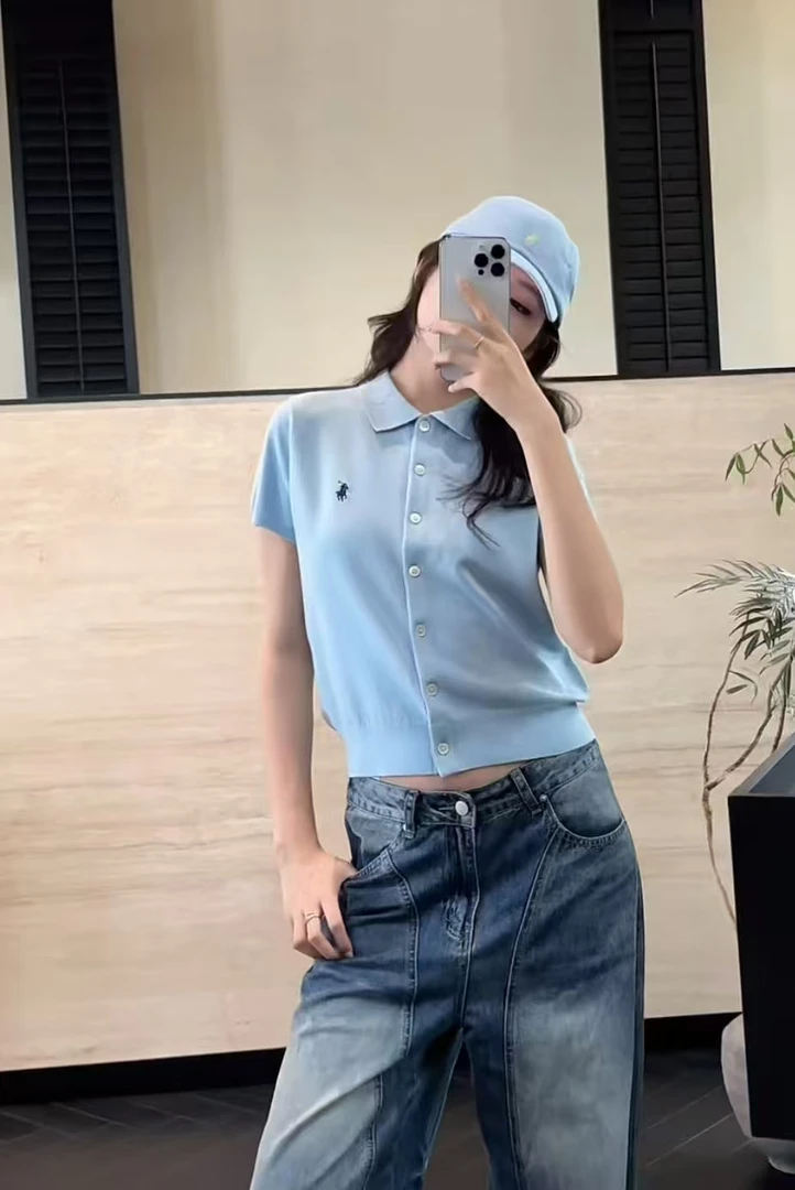 【商场同款】2025夏季新款小马标刺绣polo领短袖针织开衫上衣女