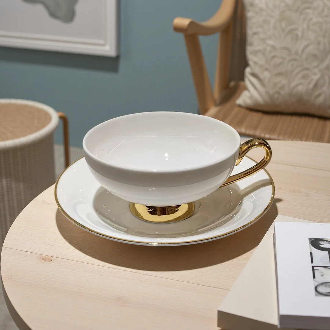 高脚包金骨瓷花茶杯下午茶杯红茶杯描金杯碟轻奢简约陶瓷金边