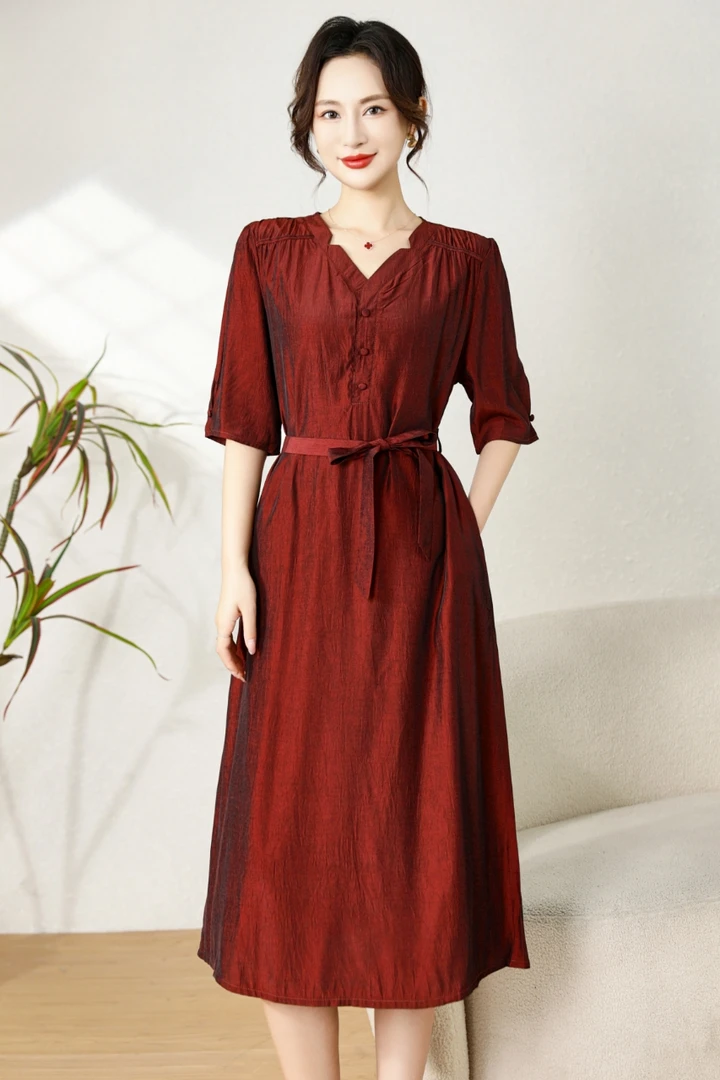 Z-G-888-8新款纯色专柜轻奢时尚百搭法式收腰系带连衣裙