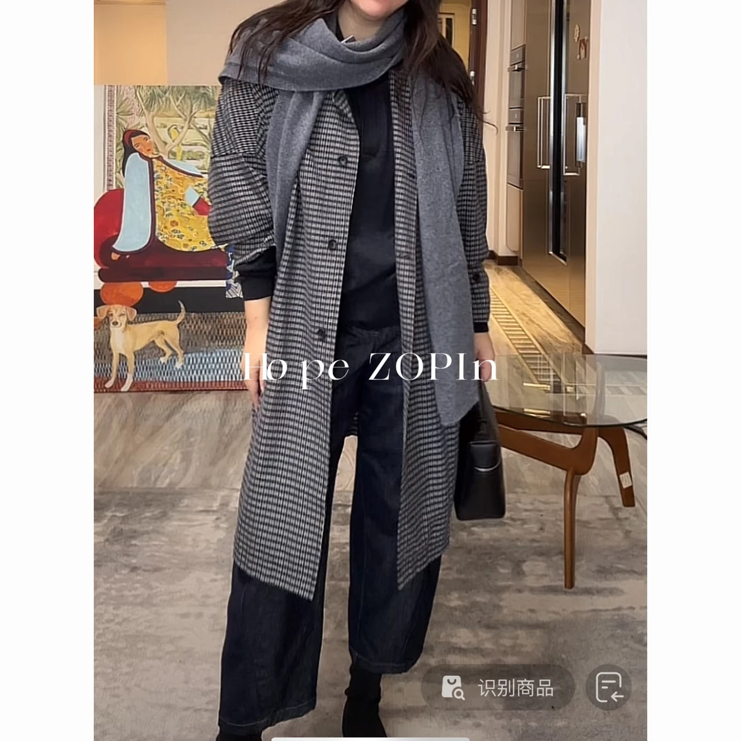 【大G精选】“别致秋意” 法式设计感格纹中长翻领衬衫风衣外套