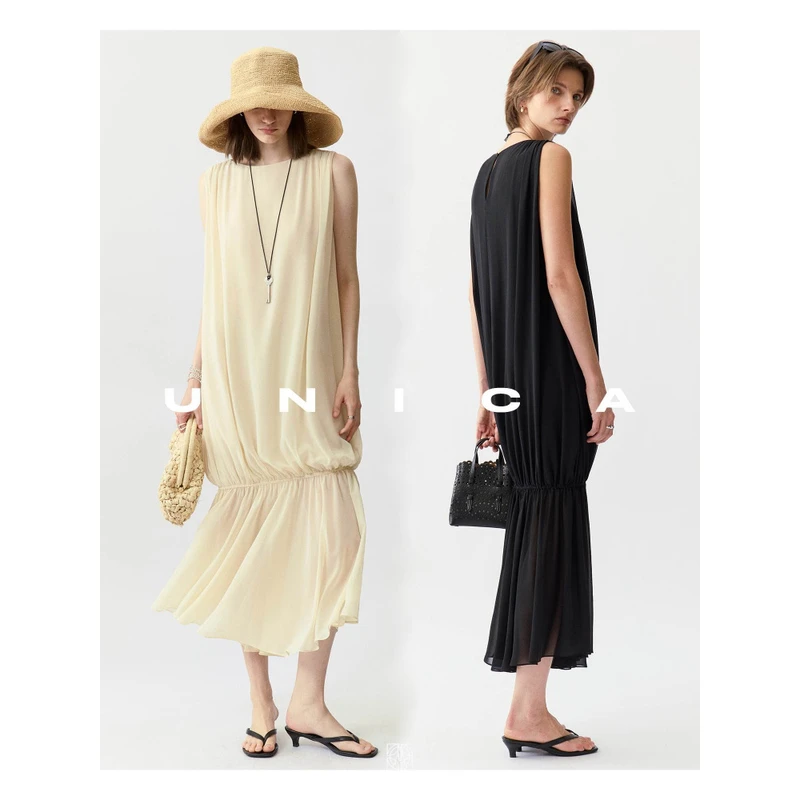 UNICA/随性垂荡感_6A等级白厂丝乔其桑蚕丝优雅鱼尾廓形连衣裙