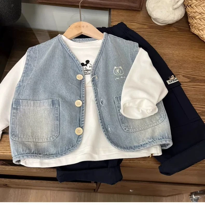 新品春秋款软牛仔马甲韩版男女童洋气背心儿童宝宝外套坎肩潮酷
