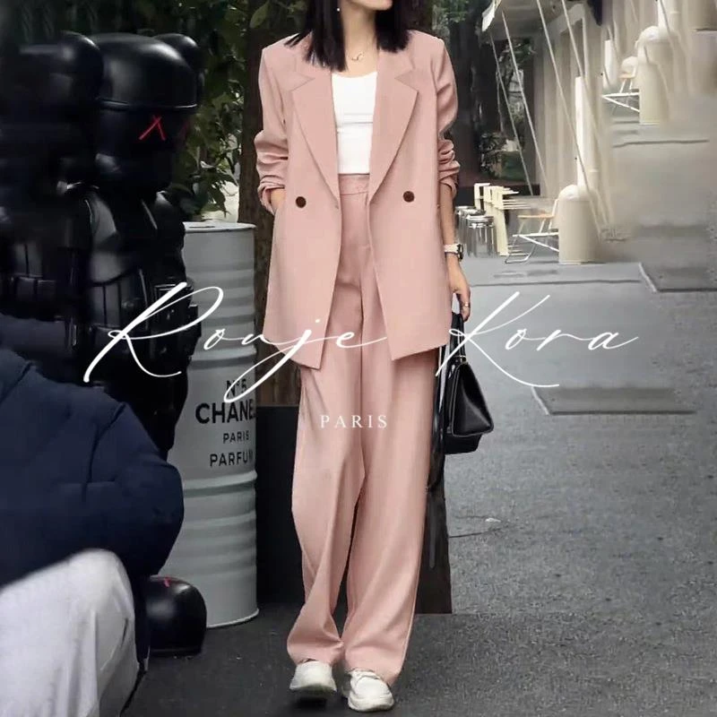 Rouje Kora时尚休闲宽松西装套装女春秋季显瘦遮肉粉色西服两件套