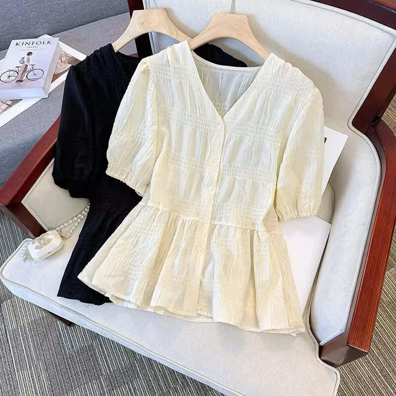JIANAOBEN/简澳本大码洋气显瘦宽松褶皱V领收腰遮肚子短袖衬衫