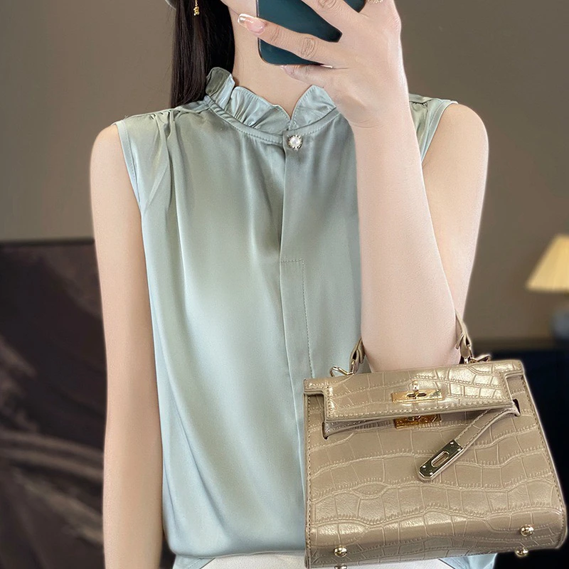 轻奢缎面木耳领无袖衬衫打底衫背心女丝滑立领叠穿内搭宽松