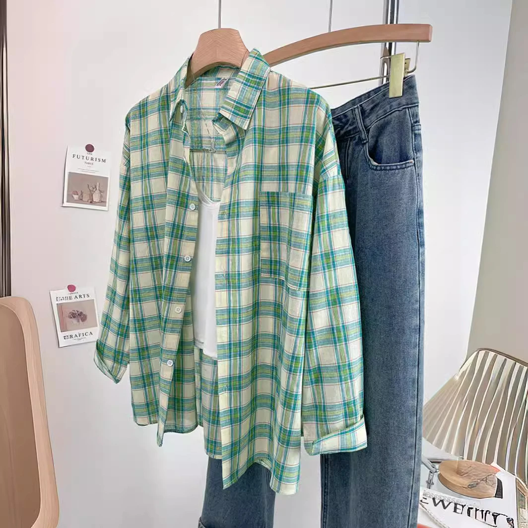 2025早春新款衬衫绿色格子衬衣叠穿韩版休闲小众潮高级感长袖上衣