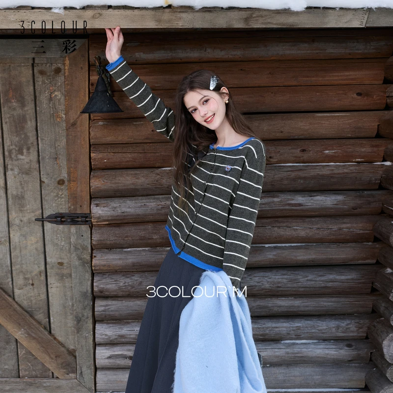 三彩2025冬季新款撞色条纹针织衫宽松长袖开衫外套上衣复古M