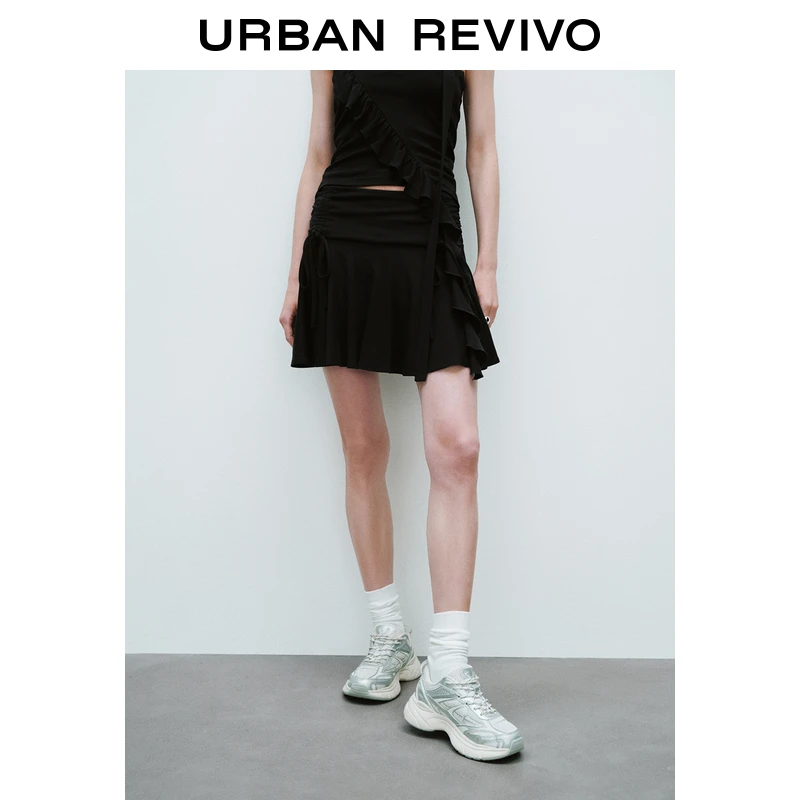 UR2025秋季新款女装休闲简约褶皱抽绳修身半裙UYV550016