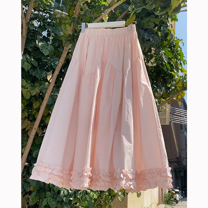 法式粉色木耳边半身裙子女春夏季2025年新款小个子高腰a字大摆裙