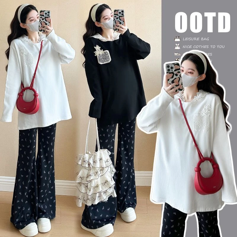 2025春季新款韩版连帽蕾丝拼接孕妇打底衫时尚洋气套装两件套