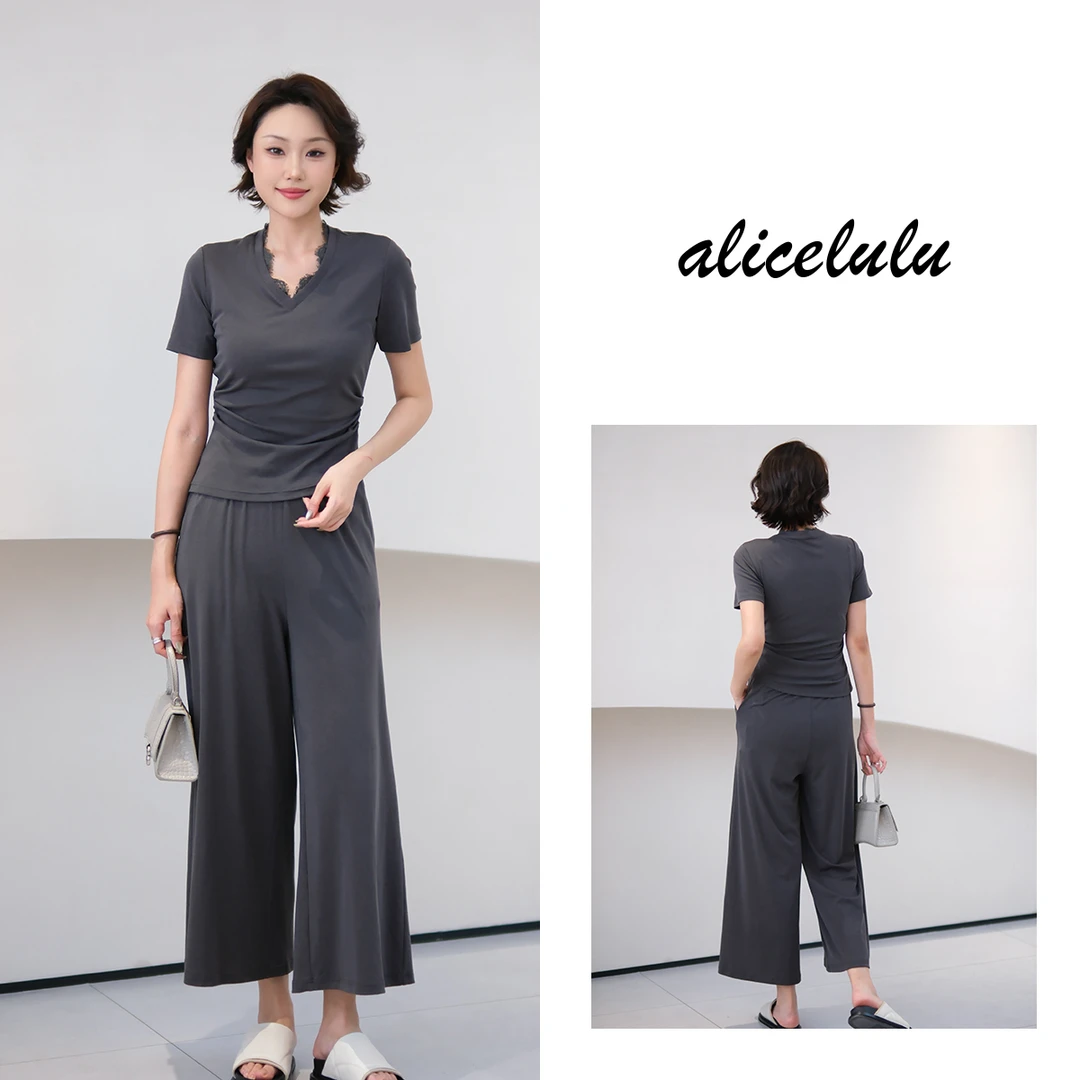 [alicelulu] 蕾丝边V领慵懒休闲套装垂感亲肤舒适S2142656L