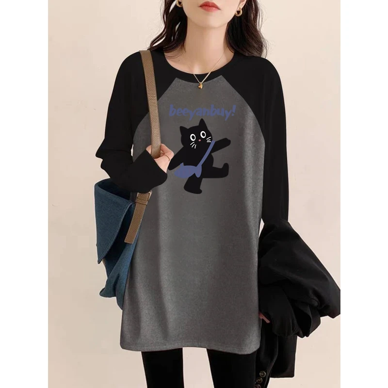 德绒磨毛保暖中长款遮屁股插肩拼接撞色长袖t恤女宽松打底衫秋冬