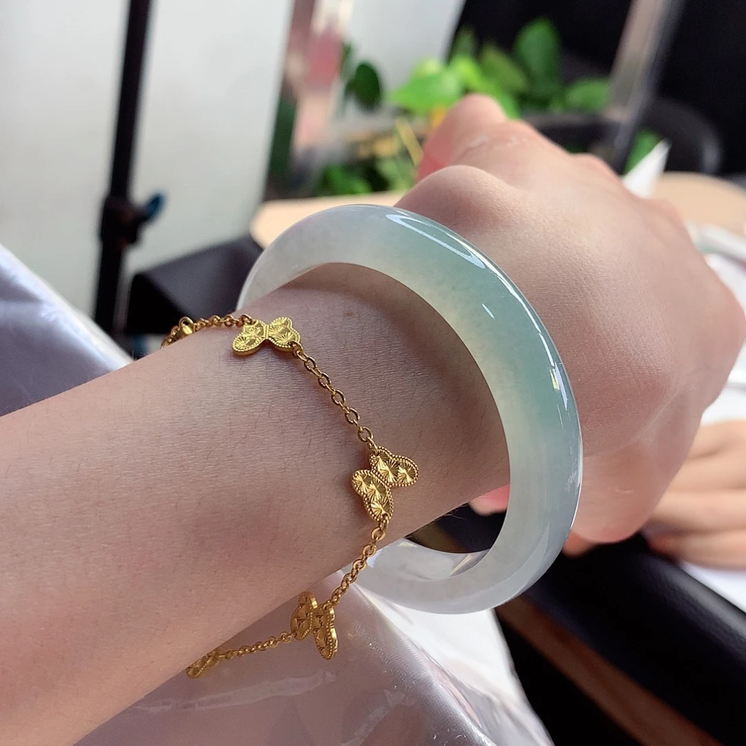 翡翠手镯未镶嵌天然翡翠52-53冰晴绿冰种冒光闪闪