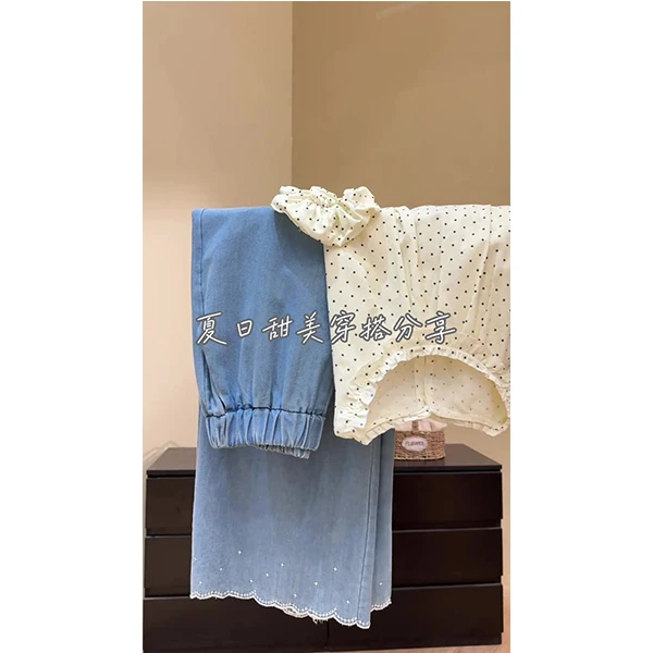 2025夏季百搭新款甜美波点衬衫女牛仔长裤两件套装