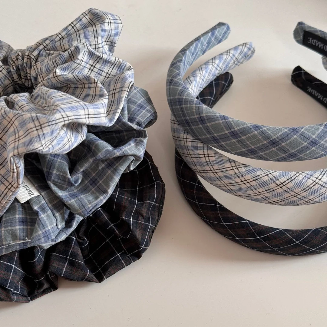 彩色格纹布艺大肠圈甜美百搭复古学院风新款