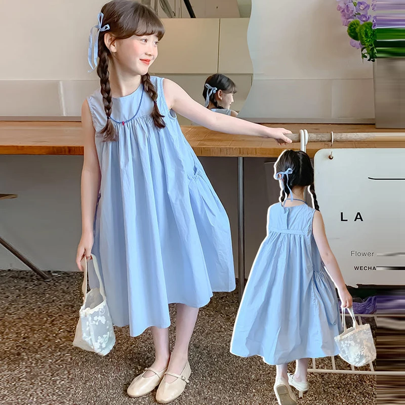 女童连衣裙2025新款裙子蓝色儿童宝宝夏装无袖背心裙纯棉长款薄款