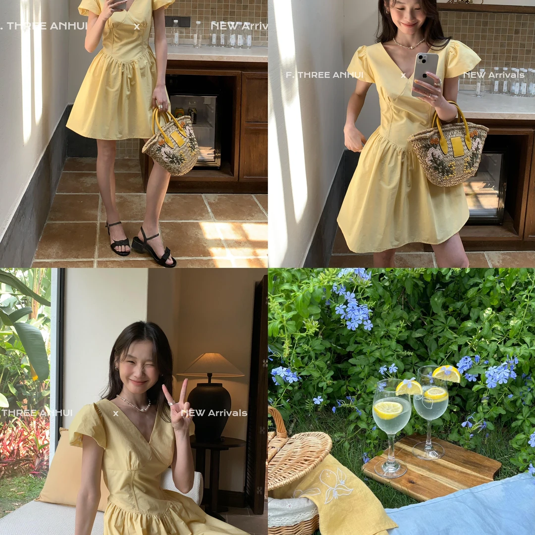 夏上新韩系温柔随性百搭短裙纯色极简风连衣裙  19587-1