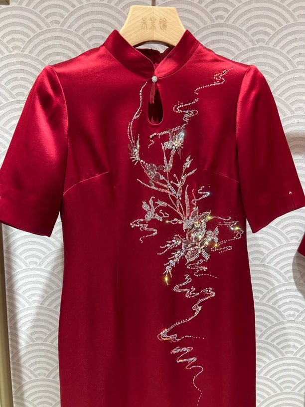 朱紫褕17668酒红色5分袖旗袍婚礼妈妈装酒红色修身喜婆婆喜妈妈婚