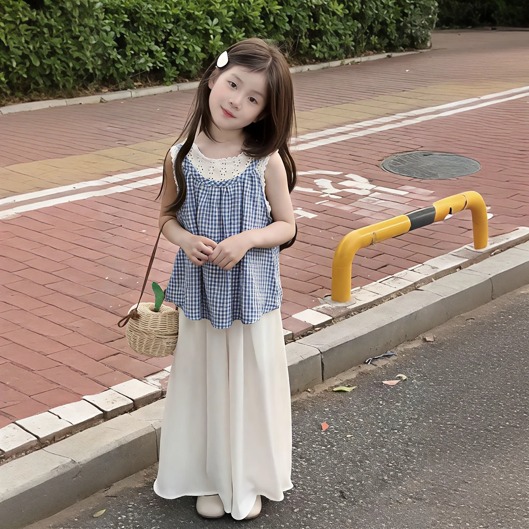 女童夏季新款蕾丝假两件蓝色格子上衣宽松阔腿裤裙韩版小清新套装
