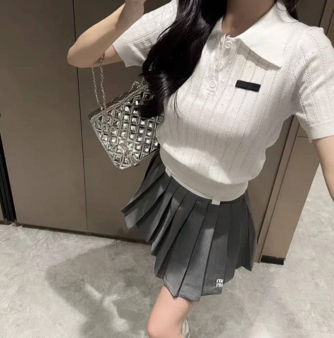 MM字母刺绣学院风甜美高腰显瘦百褶短裙