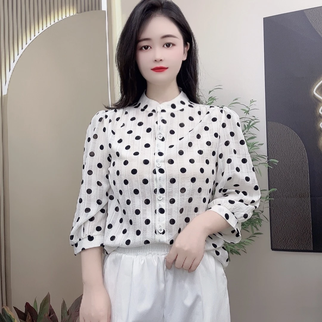 气质时尚百搭洋气宽松显瘦减龄遮肚设计感小众波点七分袖衬衫女