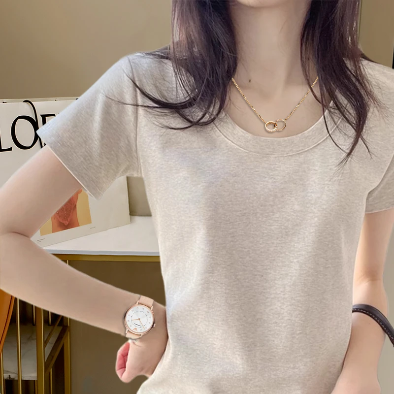 麻灰色圆领正肩短袖t恤女2025夏季新款正肩修身显瘦简约休闲上衣