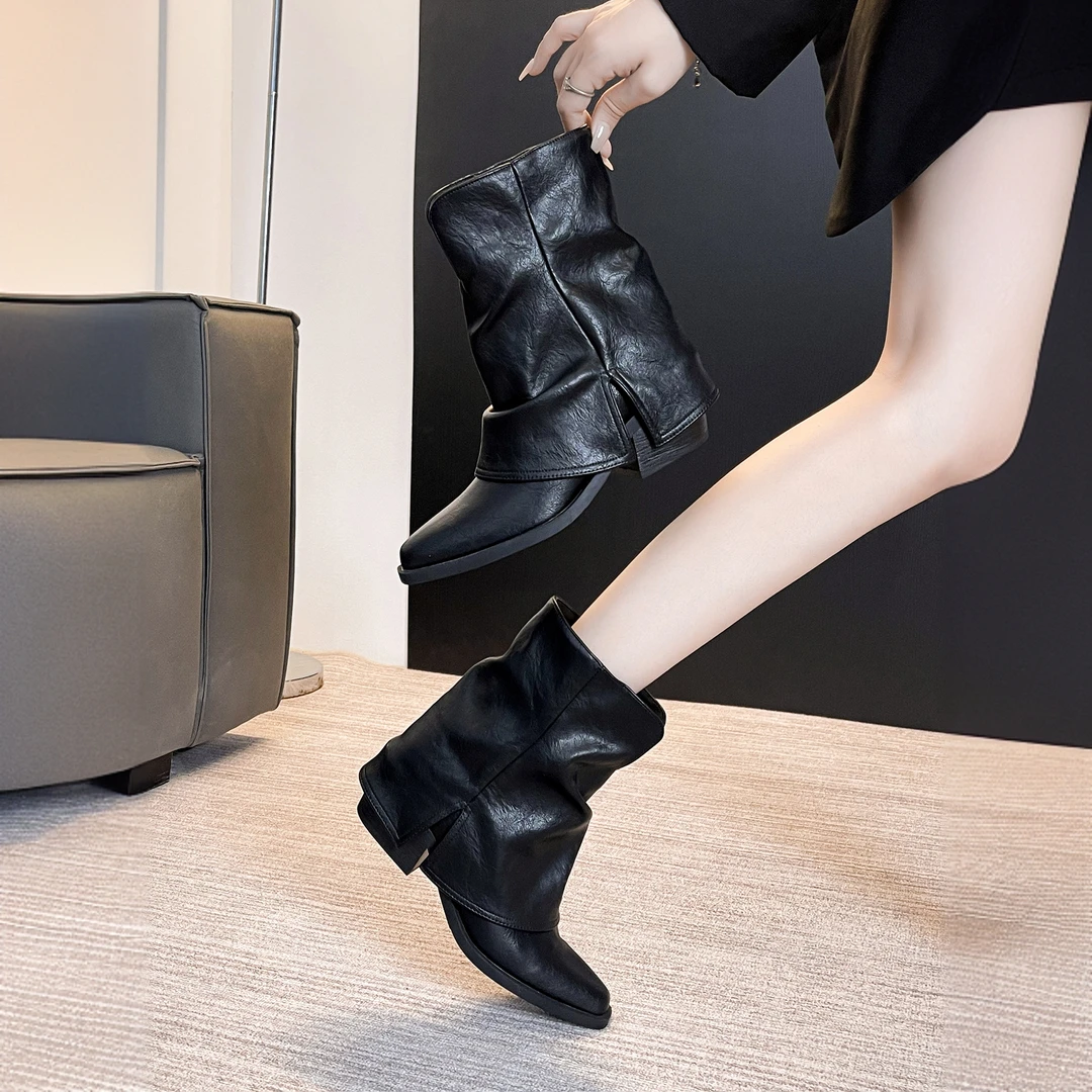 粗跟增高短靴女2025早秋新款英伦风法式尖头堆堆靴裤管黑色马丁靴