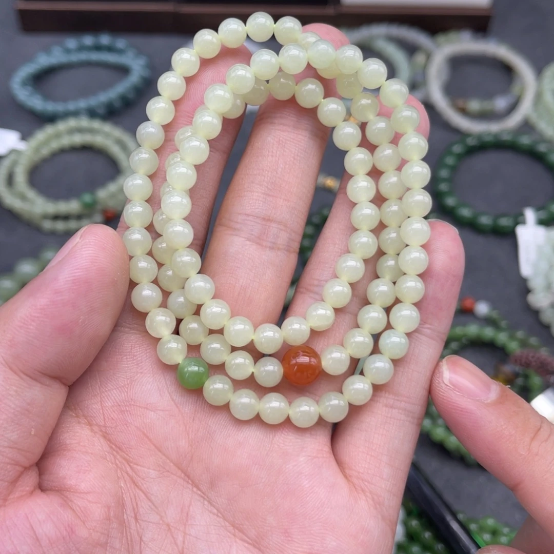 和田玉未镶嵌手串卡6黄口多圈