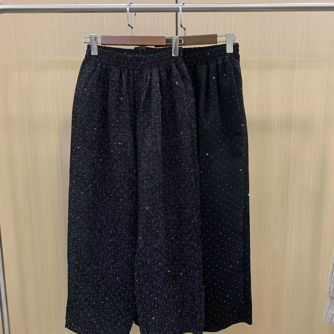 复古黑色松紧腰高腰亮闪闪休闲阔腿裤女秋冬宽松百搭休闲长裤子