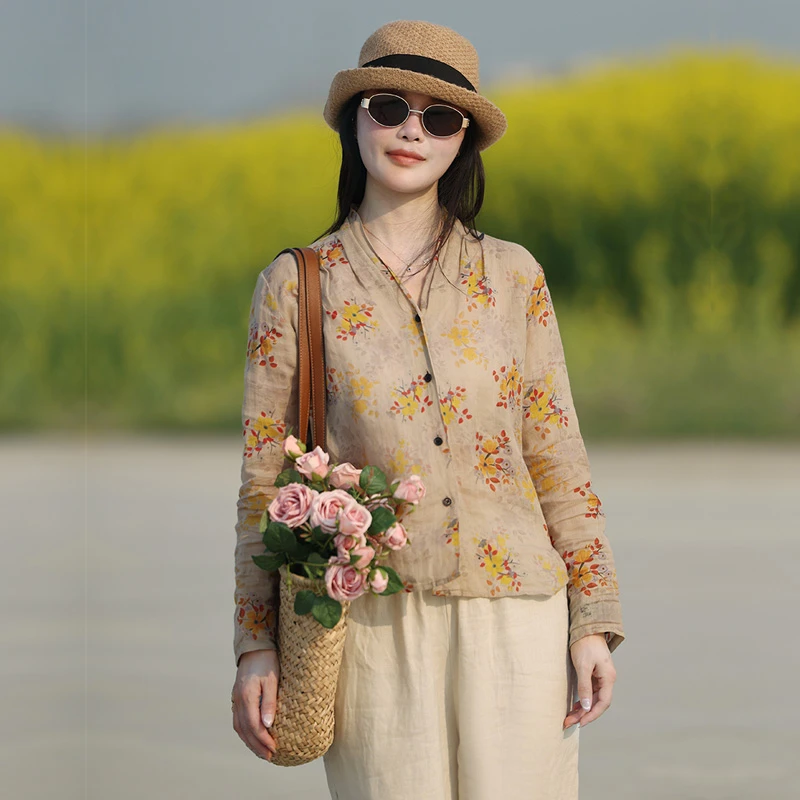 澳希美2025年春夏新款苎麻衬衫宽松优雅碎花文艺上衣