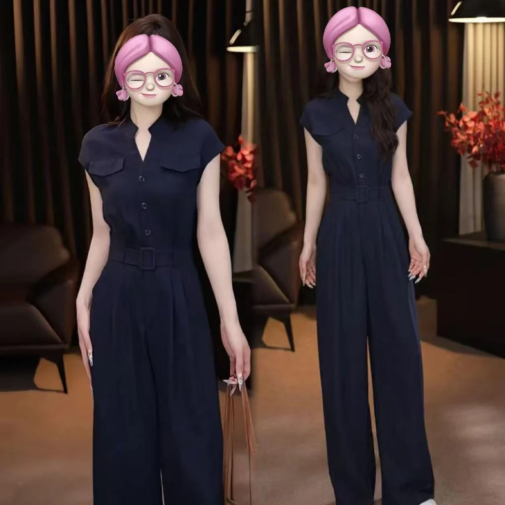 时尚腰带+丝巾收腰连体裤女2025夏季新款洋气上衣阔腿裤气质套装