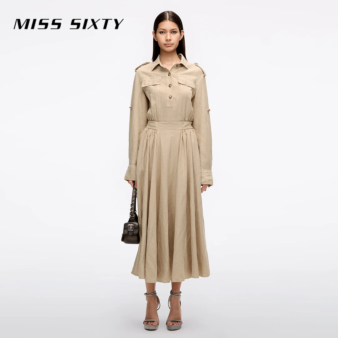 Miss Sixty2025春季新款长袖牛仔连衣裙女衬衫领显瘦A字裙莱赛尔