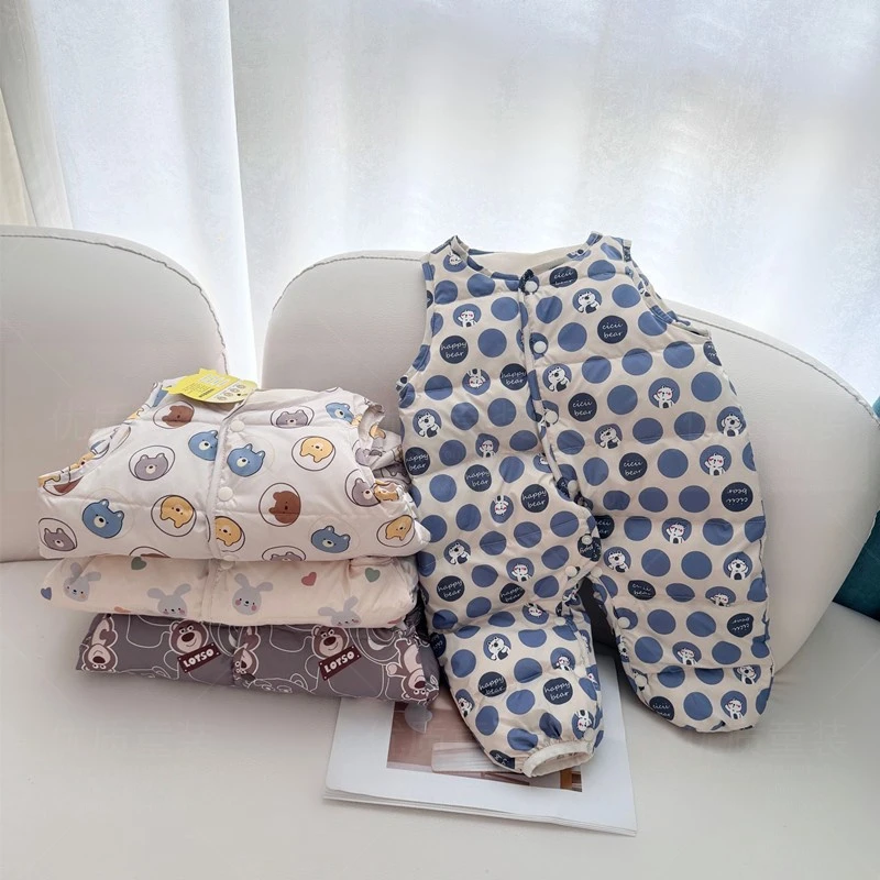 婴儿无袖简洁羽绒服连身衣加厚婴幼儿男女宝宝保暖爬服连身衣冬季