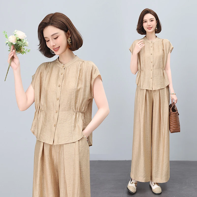 妈妈夏装天丝麻套装2025新款贵夫人洋气薄款短袖衬衫阔腿裤两件套