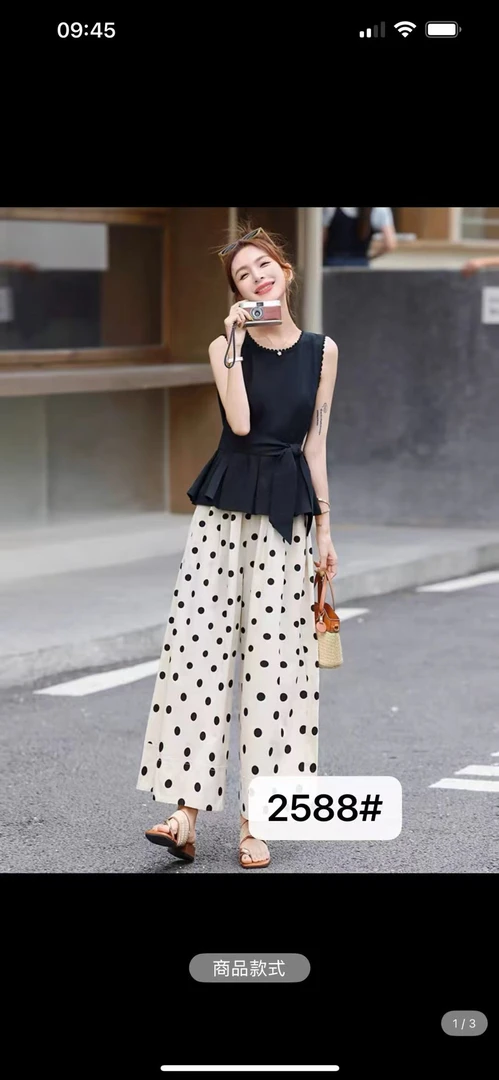 圆领波点系带2588收腰背心衬衫搭配直筒阔腿裤女夏季新款套装