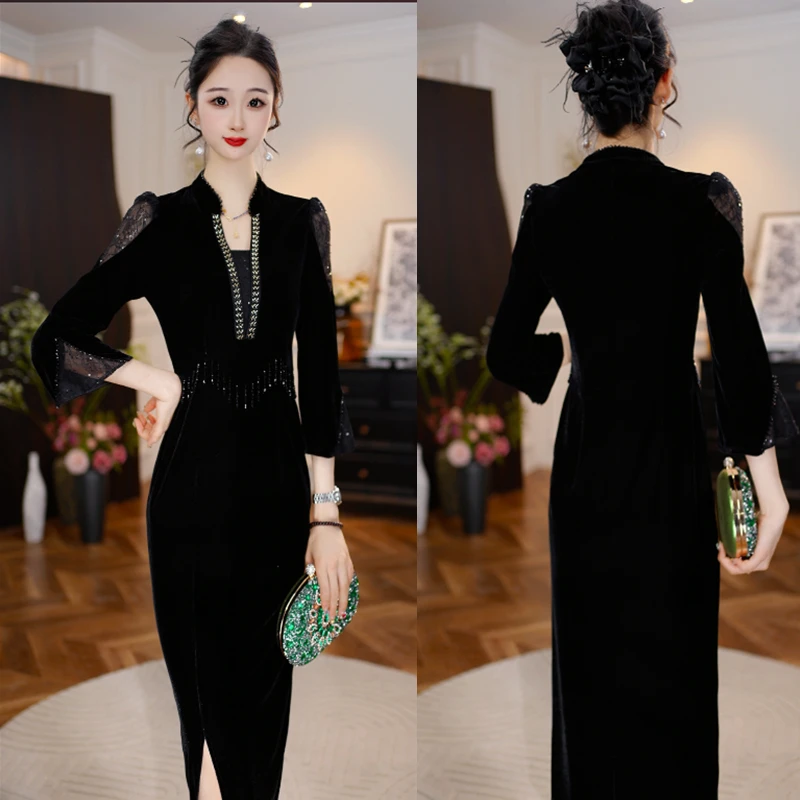 【暗夜流光】2025秋季新款收腰显瘦洋气减龄轻奢女人味黑色连衣裙