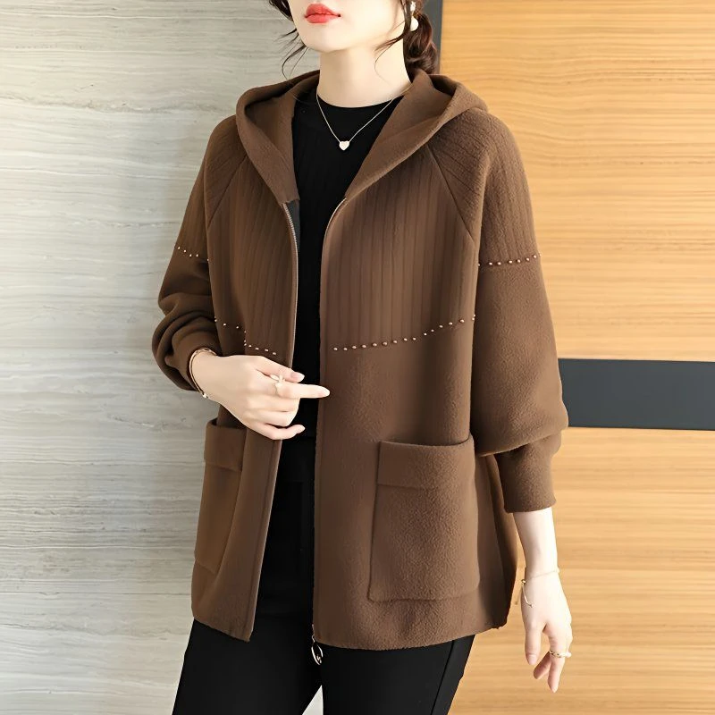 连帽钉珠拉链毛呢开衫2025新款中老年妈妈春装大码外套宽松遮肚子