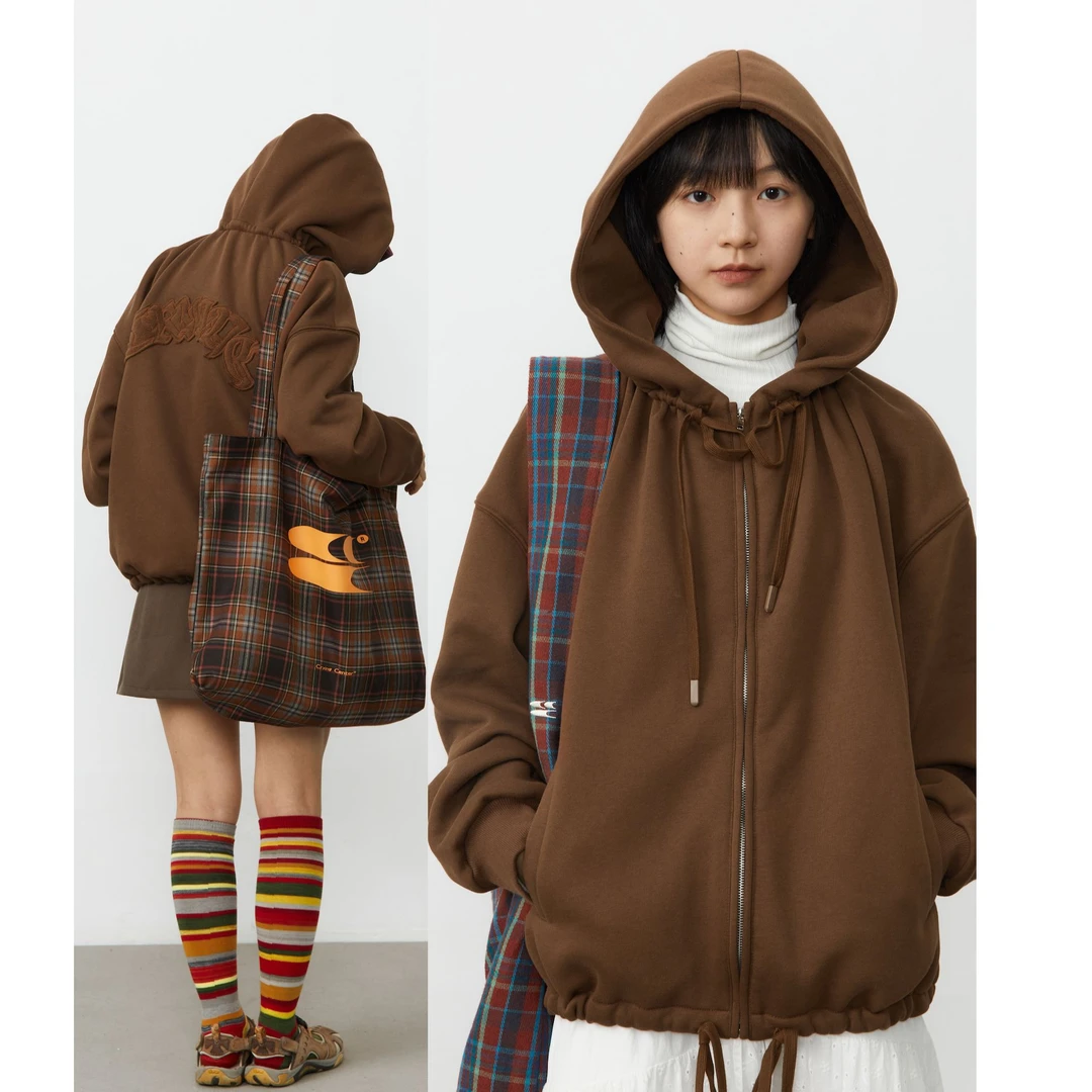 Crying center/哭喊中心棕橘色 刺绣连帽拉链开衫 卫衣外套保暖