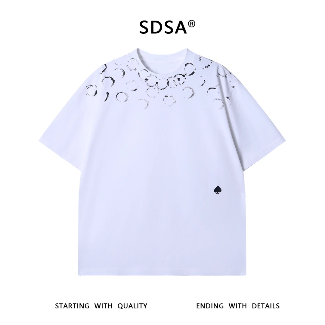 夏季高级感新款美式随意涂鸦圆领短袖T恤黑桃刺绣重磅百搭上衣