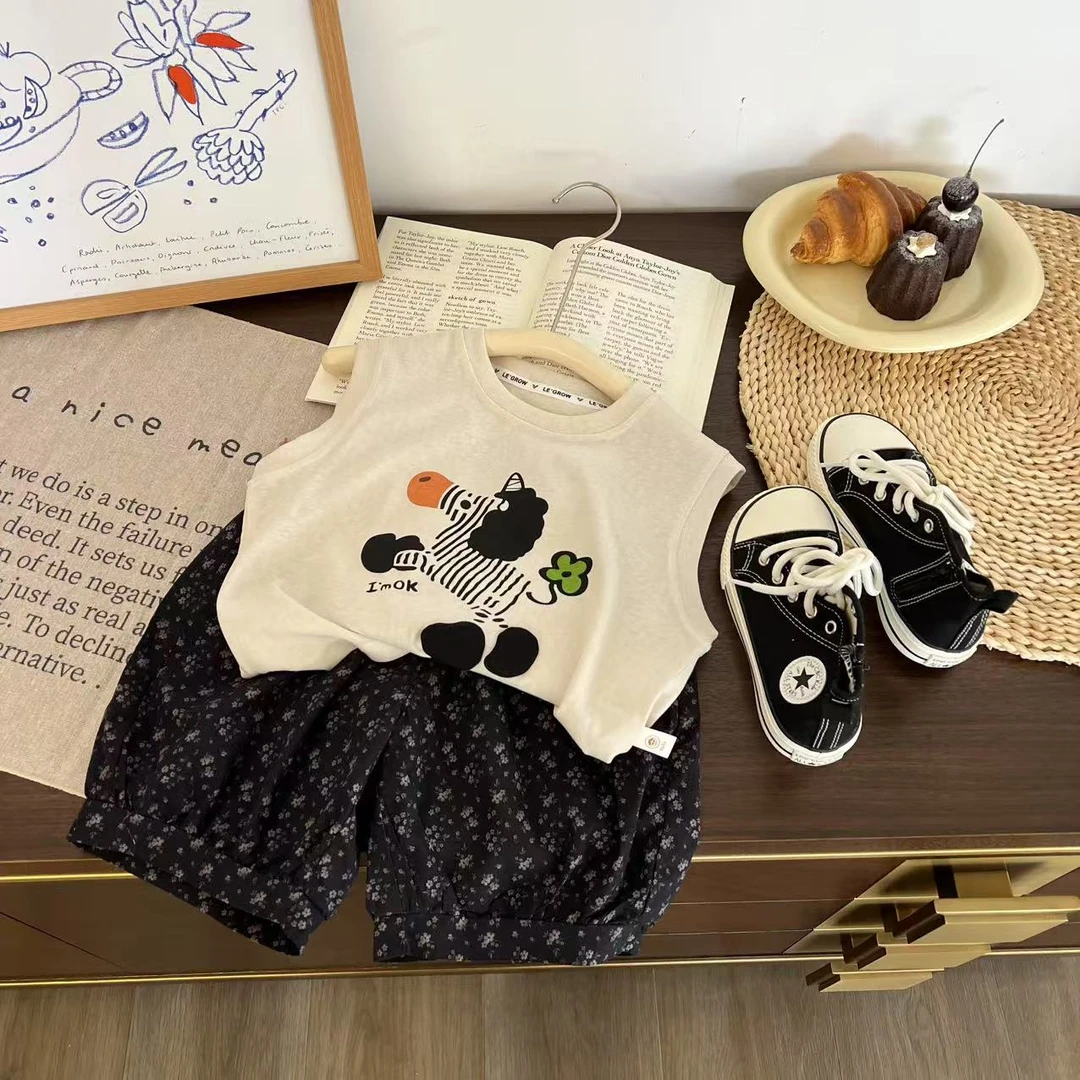 儿童夏季卡通斑马无袖花裤子两件套H2088