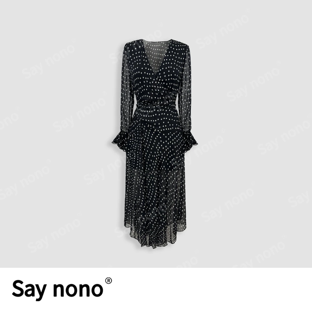 懒猫nono│Saynono 新款法式轻奢设计感波点V领连衣裙 H06910X