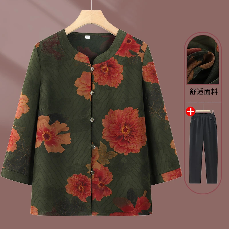 中老年人奶奶装春装衬衫七分袖老太太衣服妈妈装薄款上衣宽松遮肚