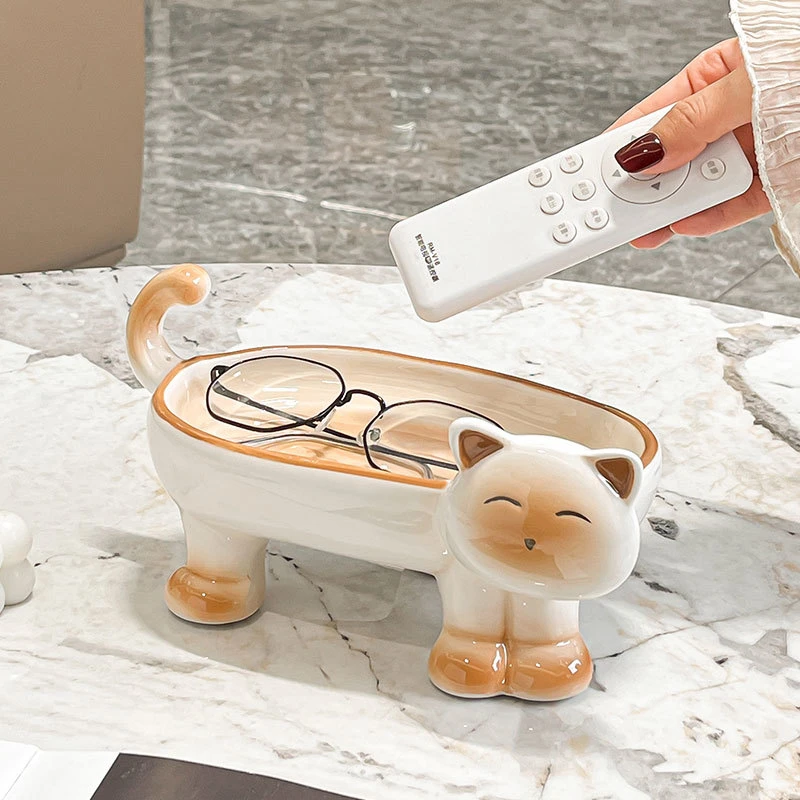 进门口玄关入户置物架装饰轻奢钥匙收纳托盘创意卡通猫咪桌面摆件