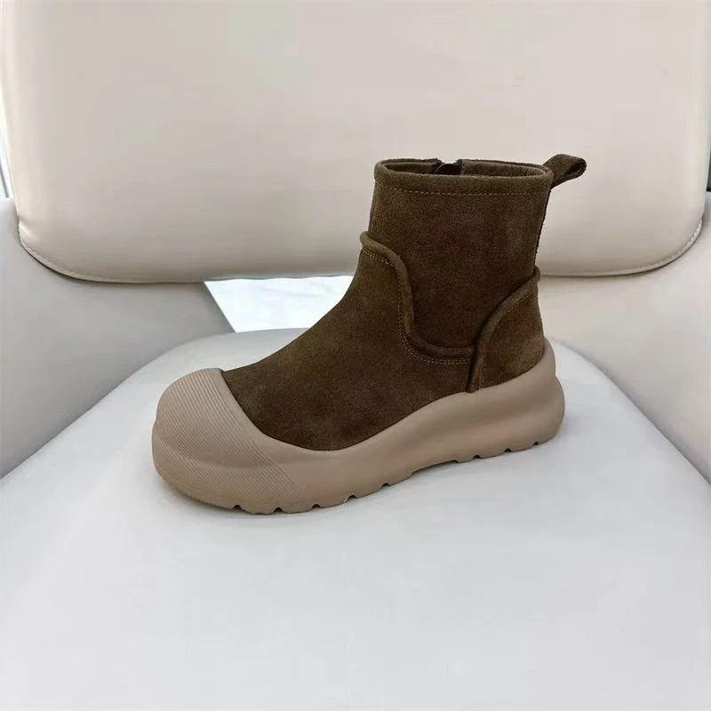 C1589 咖色 时尚低跟圆头真皮厚底休闲短靴 马丁靴