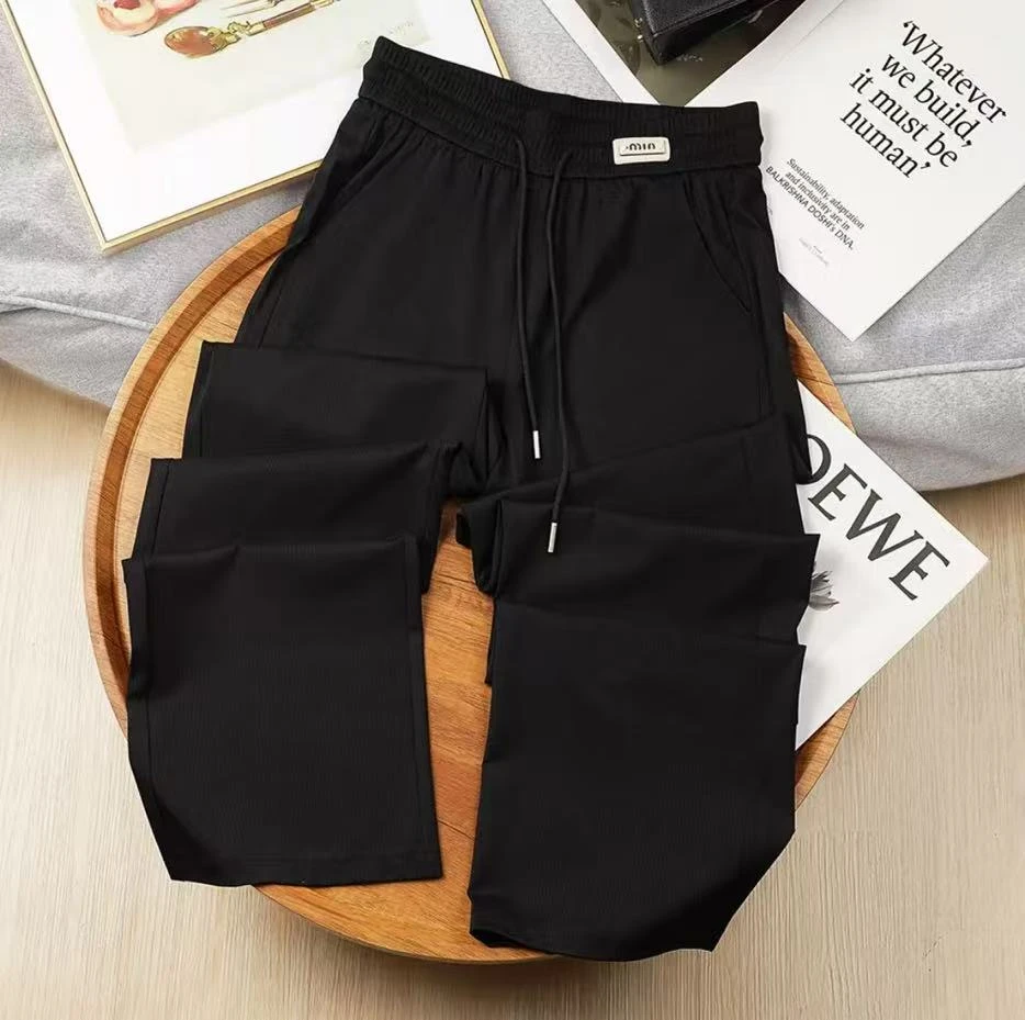 2025黑色阔腿裤高腰时尚宽松直筒夏季百搭裤抽绳直筒裤长裤春夏