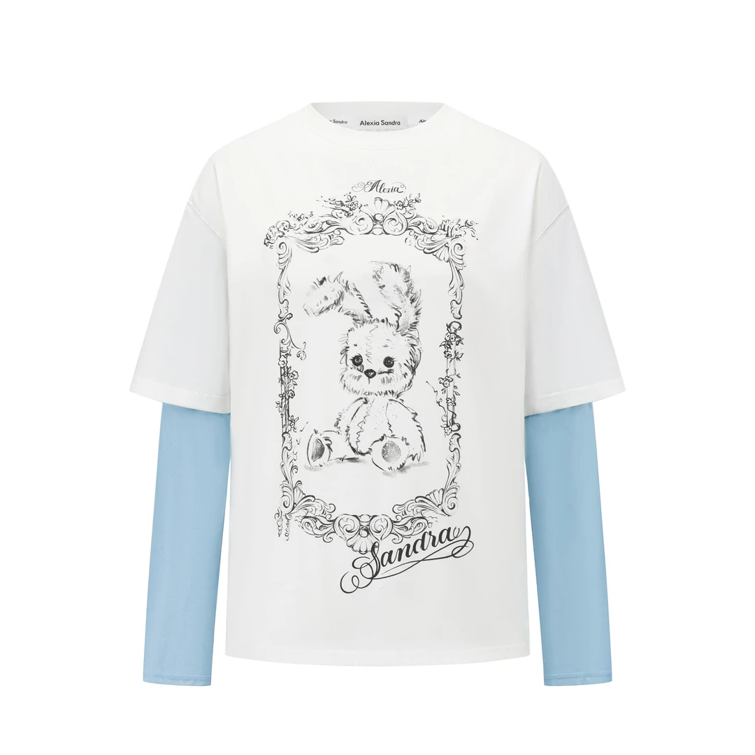 AlexiaSandra童话小兔Della拼接网格袖子假两件T恤