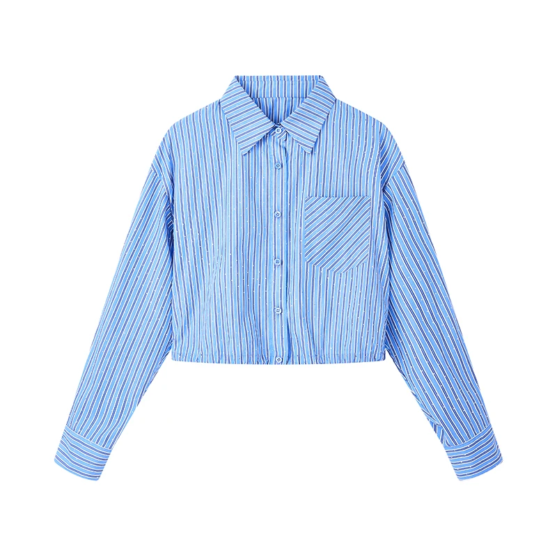 【达人专属】休闲简约衬衫纯棉撞色烫钻百搭上衣女D08BCN9025