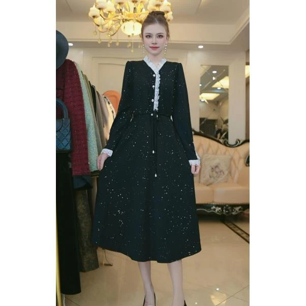 （梦想服饰）长袖2024秋冬季新款时尚高档小香风假俩件连衣裙6337