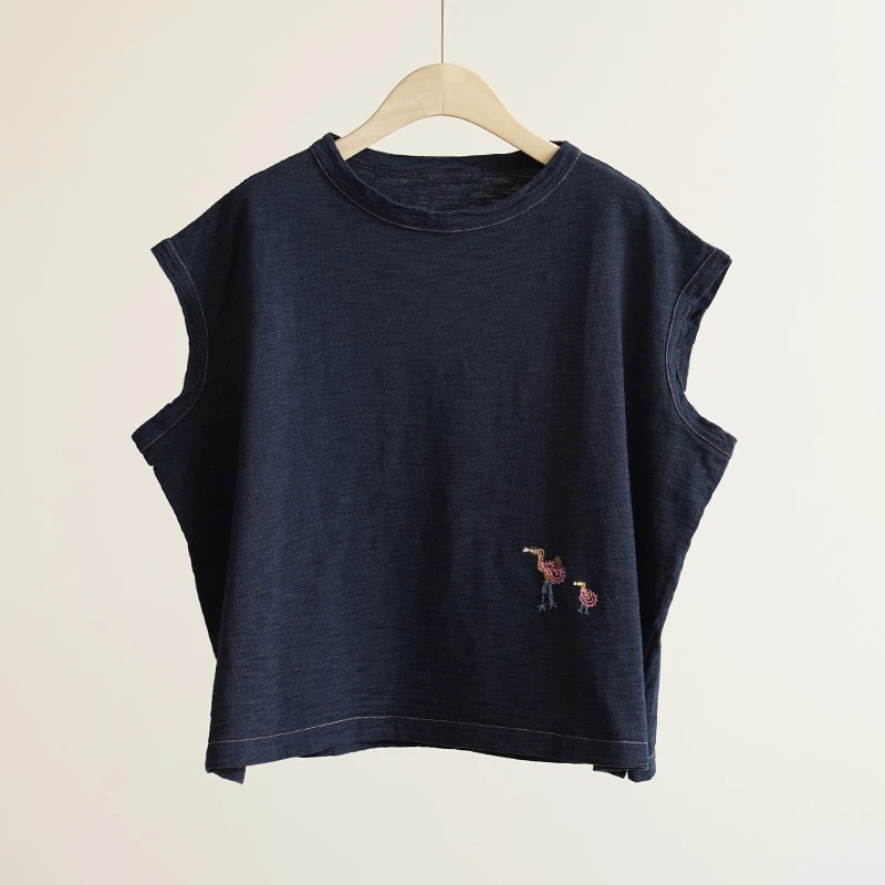 日单100%棉刺绣鸟三色无袖圆领女士T恤（250463）2357
