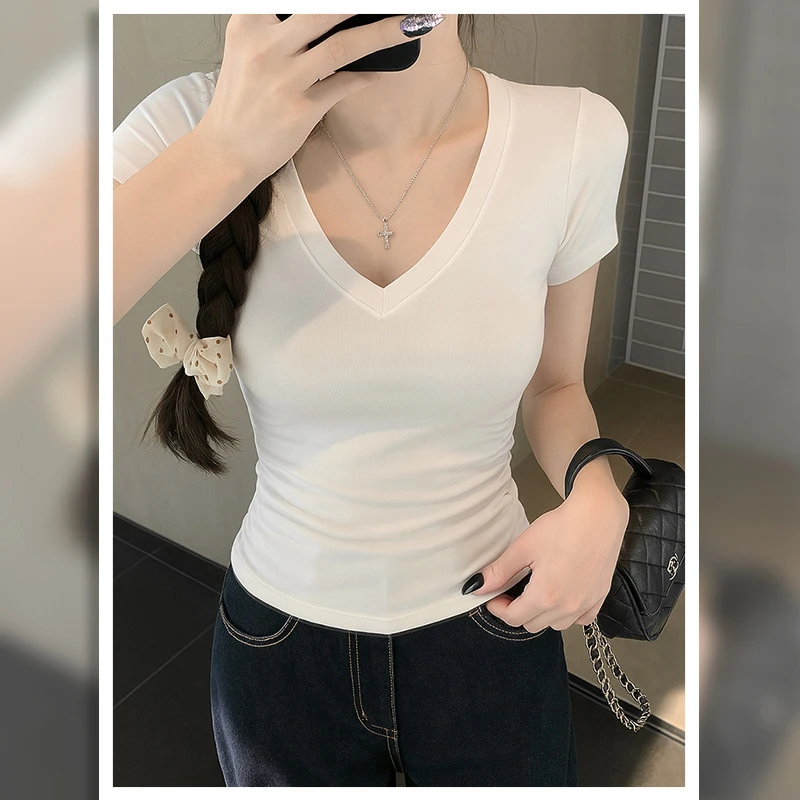 莫代尔设计感纯色正肩V领短袖t恤显瘦辣妹收腰修身打底百搭上衣